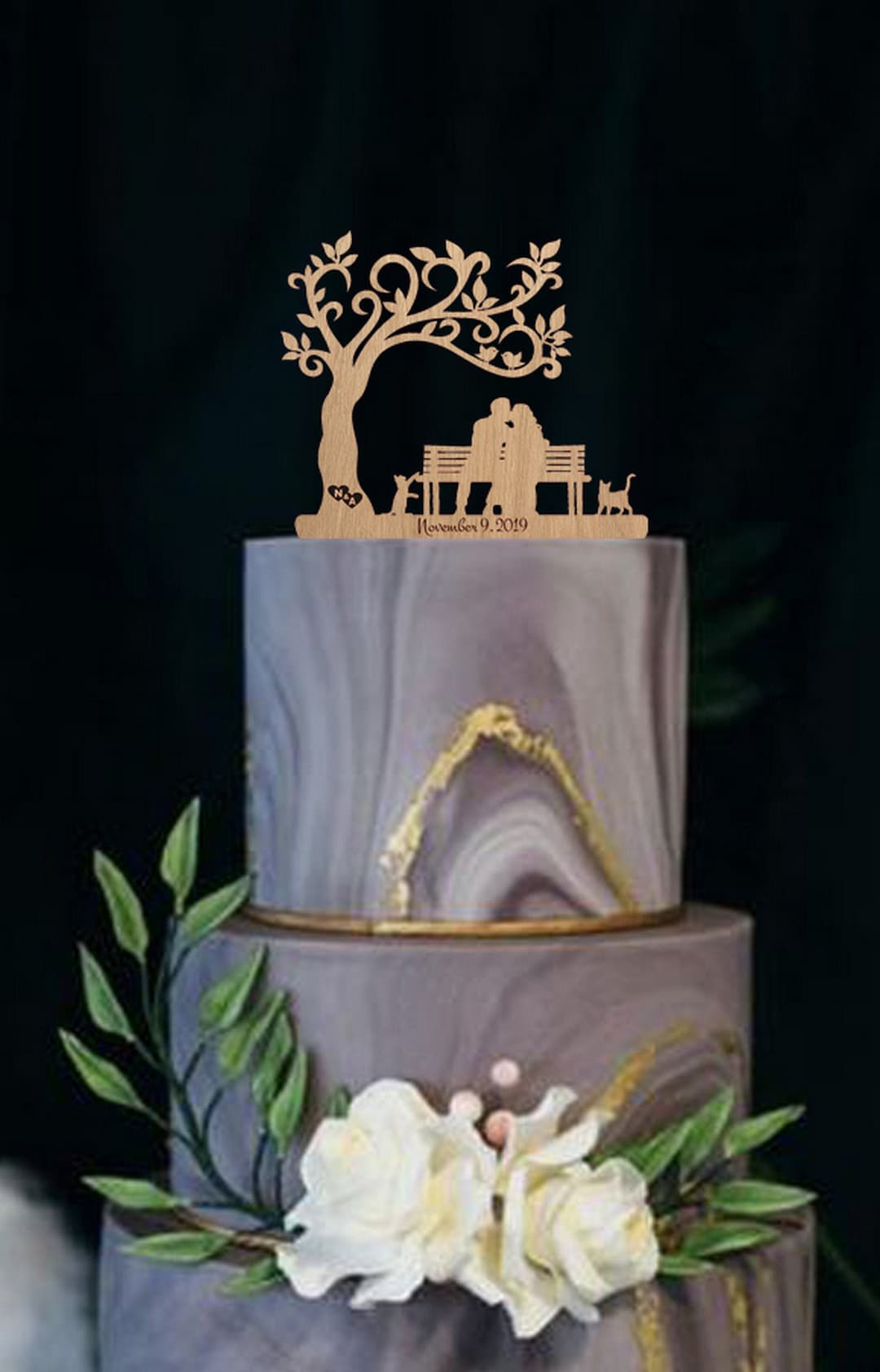 Wedding Сake Topper Bride and Groom on Bench With Cat Family Rustic ...