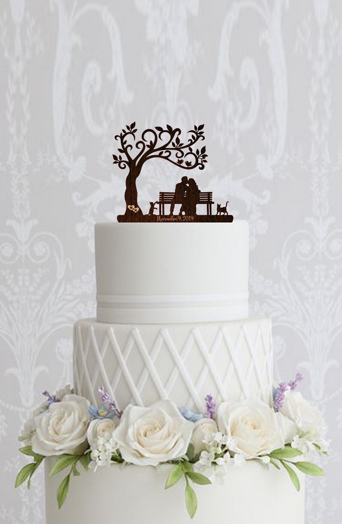 Wedding Сake Topper Bride and Groom on Bench With Cat Family Rustic ...