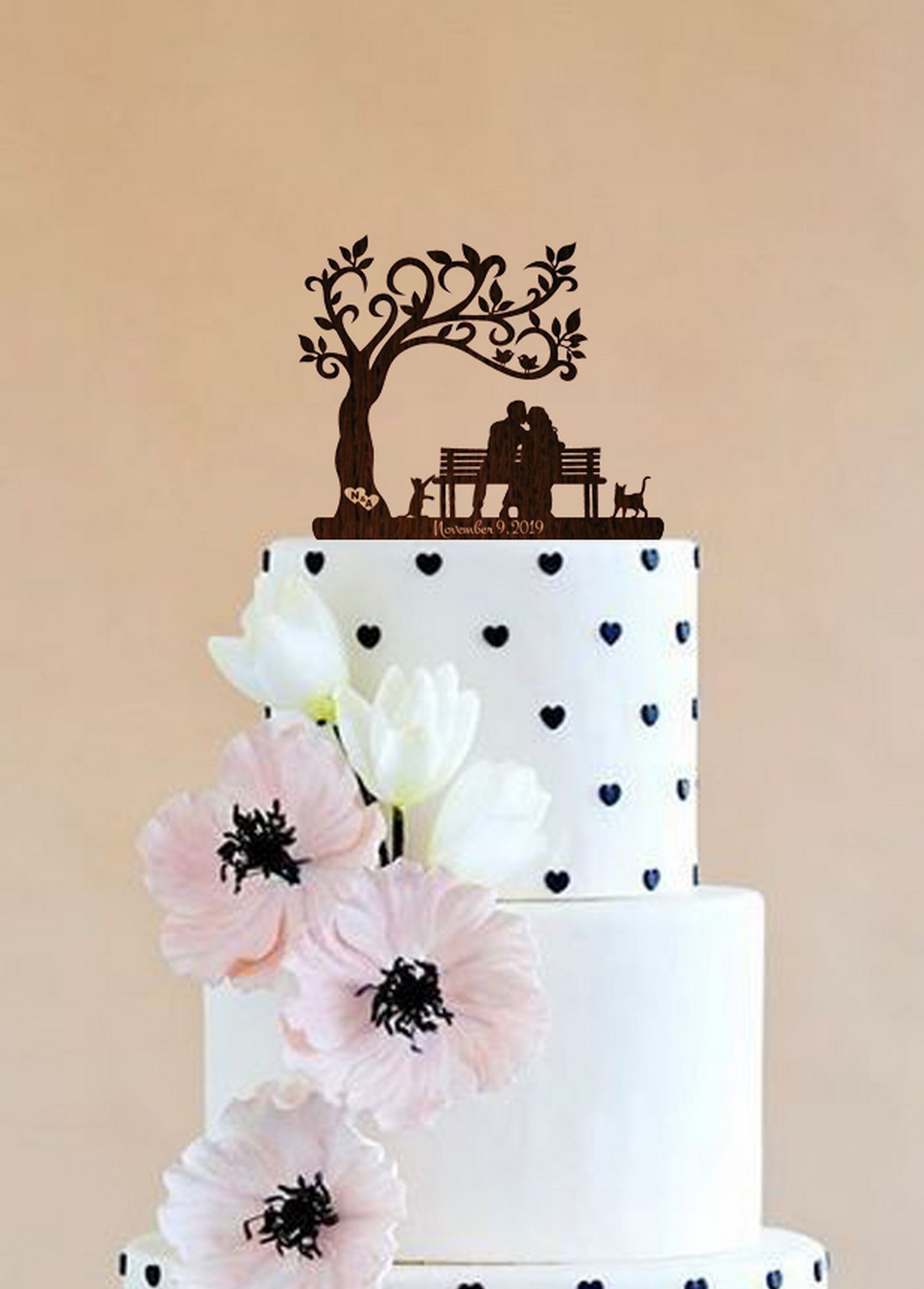 Wedding Сake Topper Bride and Groom on Bench With Cat Family Rustic ...
