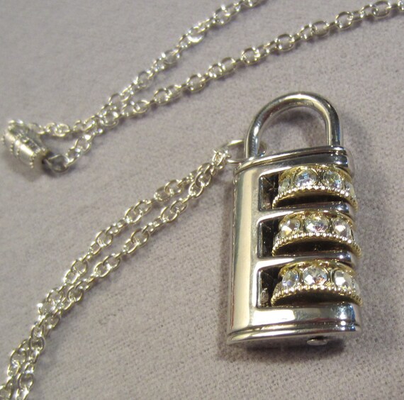 Silver Lock Pendant Necklace Rhinestone Combination Lock on Etsy