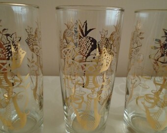 3 x glass tumblers gold coloured gilt pattern