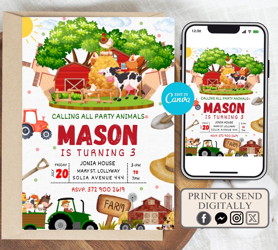 Editable Farm Animals Birthday Invitation Template (digital Download ...