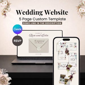 May include: A laptop and smartphone display a wedding website template. The laptop screen shows a website design with the text "Wedding Website" and "5 Page Custom Template." The smartphone displays various wedding invitation designs. The Canva and RSVP buttons are also visible.