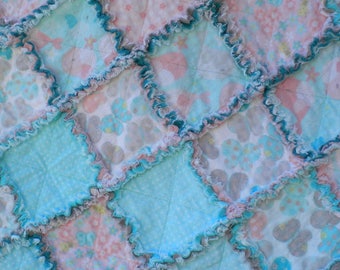 Bird, Bee & Butterfly Quilt, Baby Rag Quilt, Crib Blanket, Flannel Rag Quilt, Pink, Teal, Gray, Baby Shower Gift, Girl Quilt, Ready to Ship