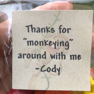 Puede incluir: Una etiqueta cuadrada, de color marr&oacute;n claro, con texto negro que dice: "Gracias por 'hacer el mono' conmigo -Cody". La etiqueta se sostiene en una bolsa de pl&aacute;stico transparente. La parte inferior de la imagen muestra formas de animales de pl&aacute;stico de colores.