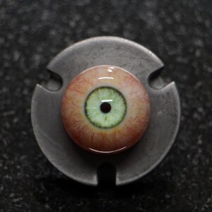 May include: A detailed prosthetic eye with a light green iris and a red-veined sclera, set in a grey metal mounting. The eye's pupil is black, and the iris has a detailed, textured appearance. The metal mount has a three-lobed design.
