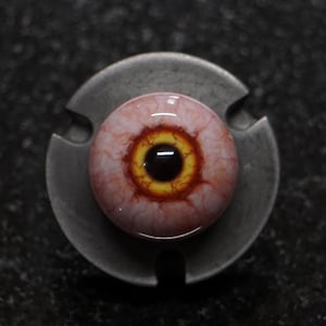 May include: A detailed prosthetic eye with a dark pupil and a yellow and red iris, set in a circular, metallic holder. The eye's surface shows visible veins, giving it a realistic appearance. The holder has three cutouts.