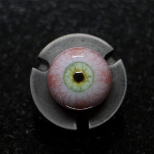 May include: A detailed, realistic glass eye with a green iris and a black pupil, set in a gray metal holder. The eye has red veins and is a unique, artistic piece.