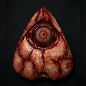 May include: A red and white triangular shaped planchette with a large, fleshy, human eye in the center. The planchette is covered in a fleshy, bloody texture.