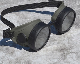 Steampunk Military Goggles - OD Green and Matte Black - Crazy Burning Man Mad Scientist Cosplay Welding Motorcycle