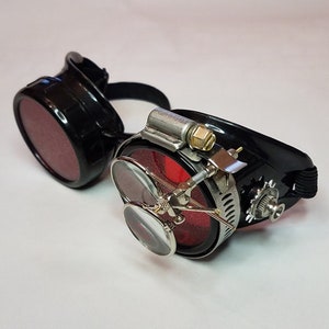 STEAMPUNK GOGGLES Black with Red Lenses Silver Accents and Magnifying Loupes Victorian Welding Motorcycle Cyber Optic-Conductors Rave image 4