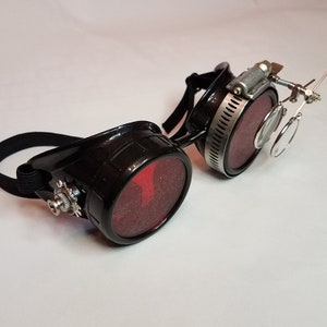 STEAMPUNK GOGGLES Black with Red Lenses Silver Accents and Magnifying Loupes Victorian Welding Motorcycle Cyber Optic-Conductors Rave image 5