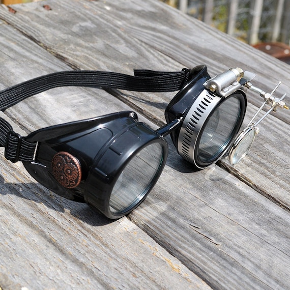STEAMPUNK GOGGLES Black With Clear Lenses Copper Accents and Magnifying Loupes Great for Halloween Cosplay Costume or Birthday Gift Etsy Canada