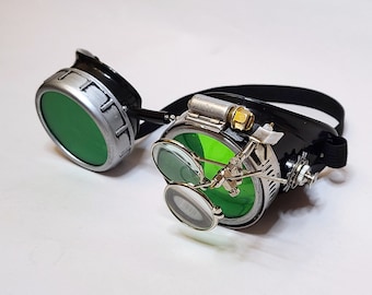 Exclusive Steampunk Goggles - Black w/ Green Lenses, Silver Metal Accents and Magnifying Loupes - Cyber Rave Victorian Cosplay Accessories