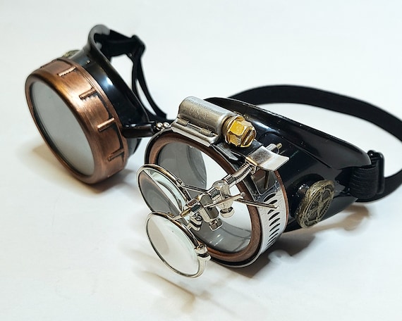 Steampunk Goggles Compass Accent, Clear Lenses & Magnifying Loupes