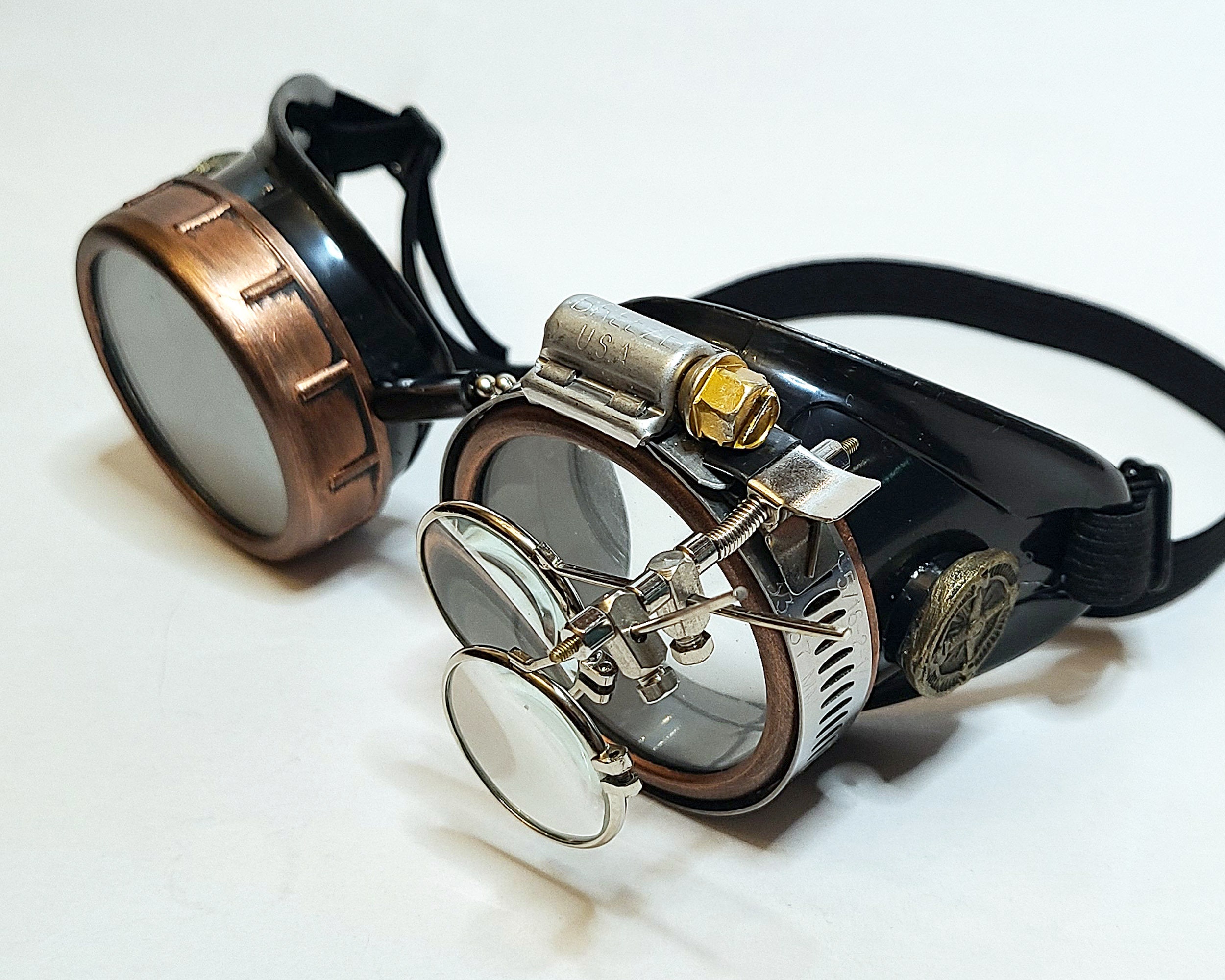 Steampunk Goggles Compass Accent, Clear Lenses & Magnifying Loupes Cyber  Rave Victorian Cosplay Costume Accessories 