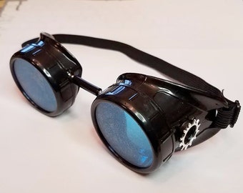 Black Steampunk Goggles w/ Blue Lenses and Silver Gears Cosplay Motorcycle Sunglasses Welding
