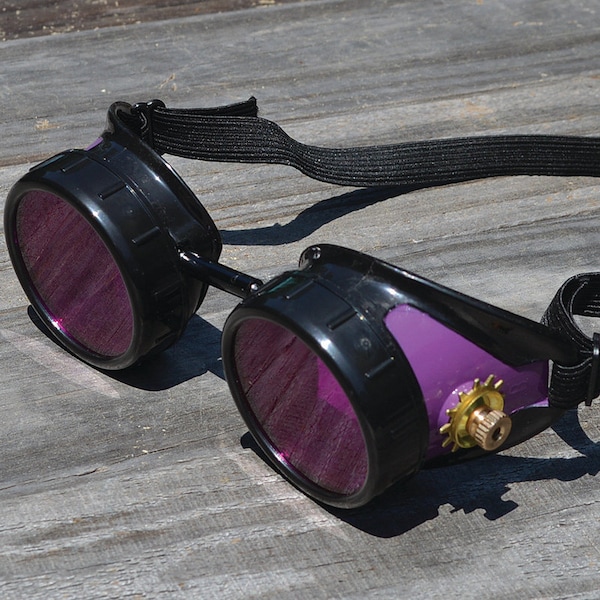 Black and Purple Victorian Steampunk Goggles with Purple Indigo Lenses and Brass Accents - Gothic Welding Motorcycle Biker Cyber Punk Rave