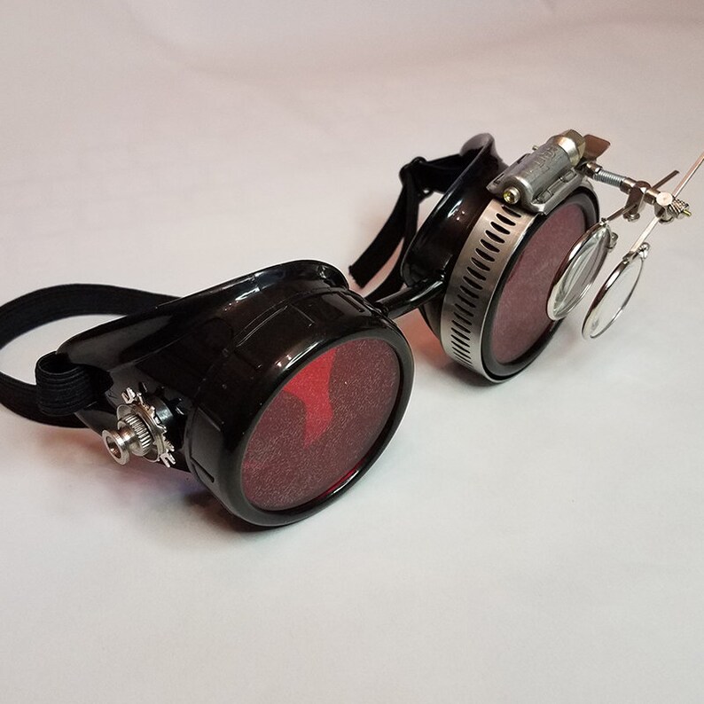 STEAMPUNK GOGGLES Black with Red Lenses Silver Accents and Magnifying Loupes Victorian Welding Motorcycle Cyber Optic-Conductors Rave image 3