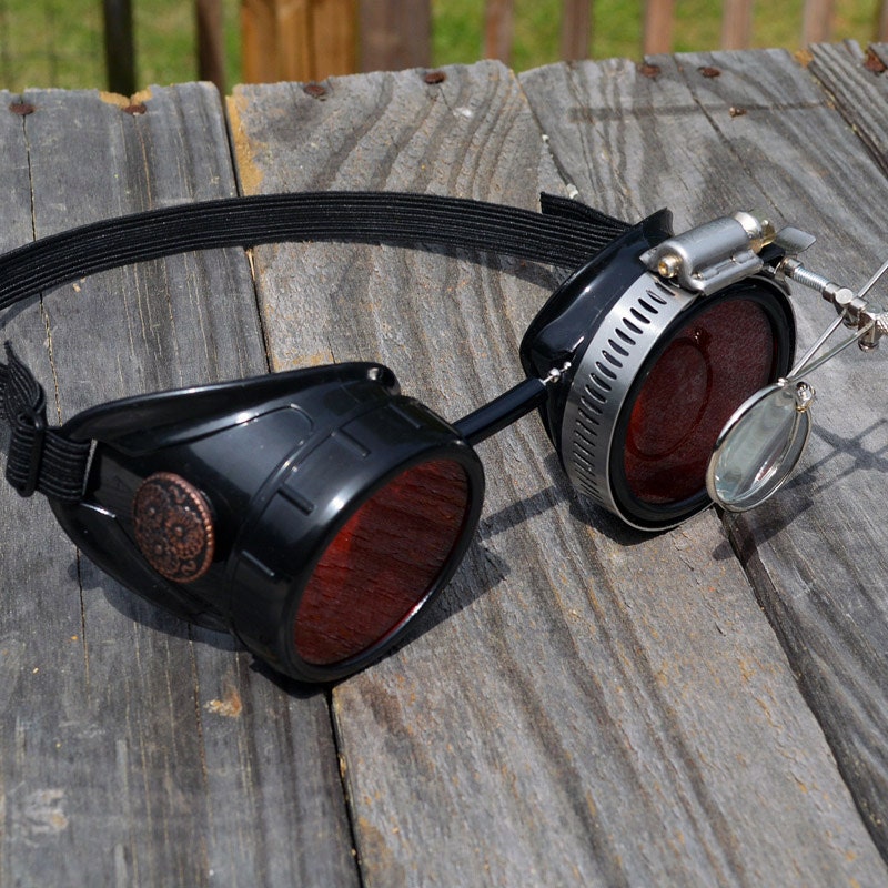 Gold Steampunk Goggles: Dual Magnifying, Fluorescent Red Lenses