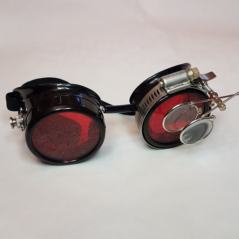 STEAMPUNK GOGGLES Black with Red Lenses Silver Accents and Magnifying Loupes Victorian Welding Motorcycle Cyber Optic-Conductors Rave image 2