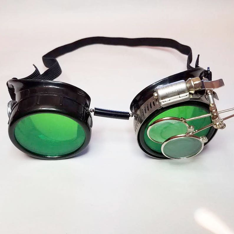 STEAMPUNK GOGGLES Black With Green Lenses Silver Compass | Etsy Canada