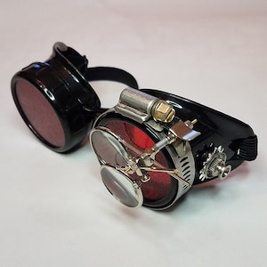 STEAMPUNK GOGGLES Black with Red Lenses Silver Accents and Magnifying Loupes Victorian Welding Motorcycle Cyber Optic-Conductors Rave image 1