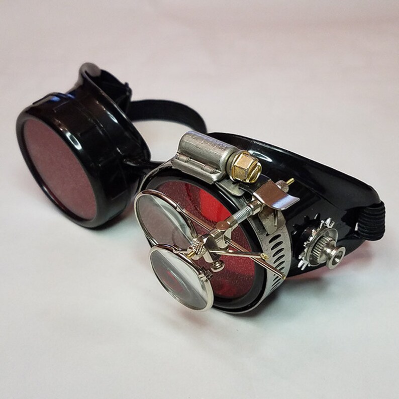 STEAMPUNK GOGGLES Black with Red Lenses Silver Accents and Magnifying Loupes Victorian Welding Motorcycle Cyber Optic-Conductors Rave image 1