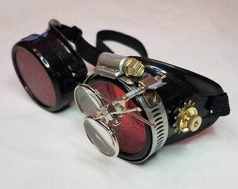 Black Victorian Steampunk Gothic Goggles with Red Lenses Brass Accents and Magnifying Loupes - Vampire Cyber Rave Optic-Conductors