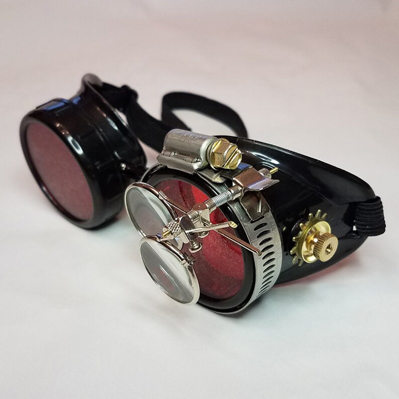 Black Victorian Steampunk Gothic Goggles With Red Lenses Brass Etsy