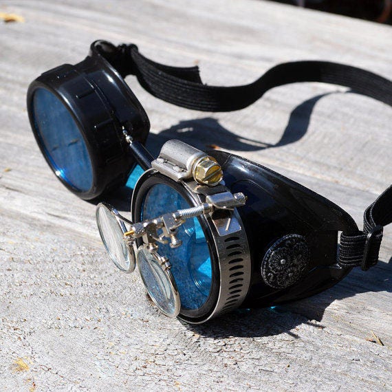 Black and Bronze Steampunk Goggles with Blue Lenses & Eye Loupe