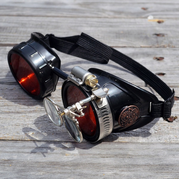 Black Steampunk Goggles with Red Lenses and Magnifying Loupes Optic Conductors Welding Cyber Motorcycle Victorian