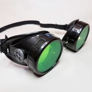 STEAMPUNK GOGGLES, Black with Green Lenses and Silver Compass Rose, Time Traveler, Great for Halloween, Cosplay Costume or Birthday Gift