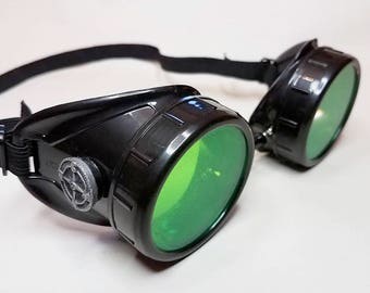 STEAMPUNK GOGGLES, Black with Green Lenses and Silver Compass Rose, Time Traveler, Great for Halloween, Cosplay Costume or Birthday Gift