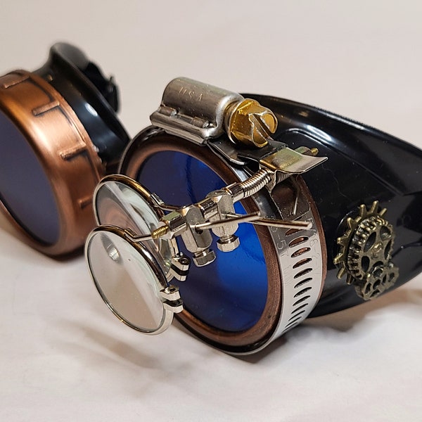 Black and Copper Steampunk Goggles with Gold Gears and Magnifying Loupes - Sunglasses, Apocalypse, Cosplay, Time Traveler, Dystopian, Rave