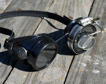 STEAMPUNK GOGGLES, Black with Silver Accents and Magnifying Loupes, Great for Halloween, Cosplay Costume or Birthday Gift