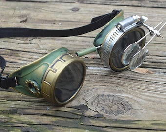Green and Gold Steampunk Goggles with Gold Gears and Loupes Apocalypse Scientist Space Captain Motorcycle Cyber Sunglasses