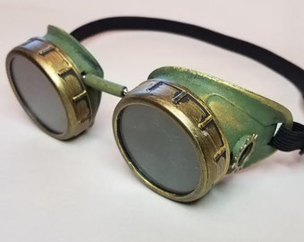 Green and Gold Steampunk Goggles with Gold Gears, Victorian, Motorcycle, Welding, Geekery, Airship Captain