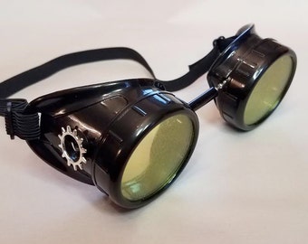 Black Steampunk Goggles w/ Yellow Lenses and Silver Gears Cosplay Motorcycle Sunglasses Welding