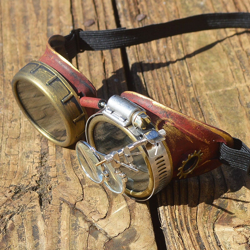 Gold Steampunk Goggles: Dual Magnifying, Fluorescent Red Lenses