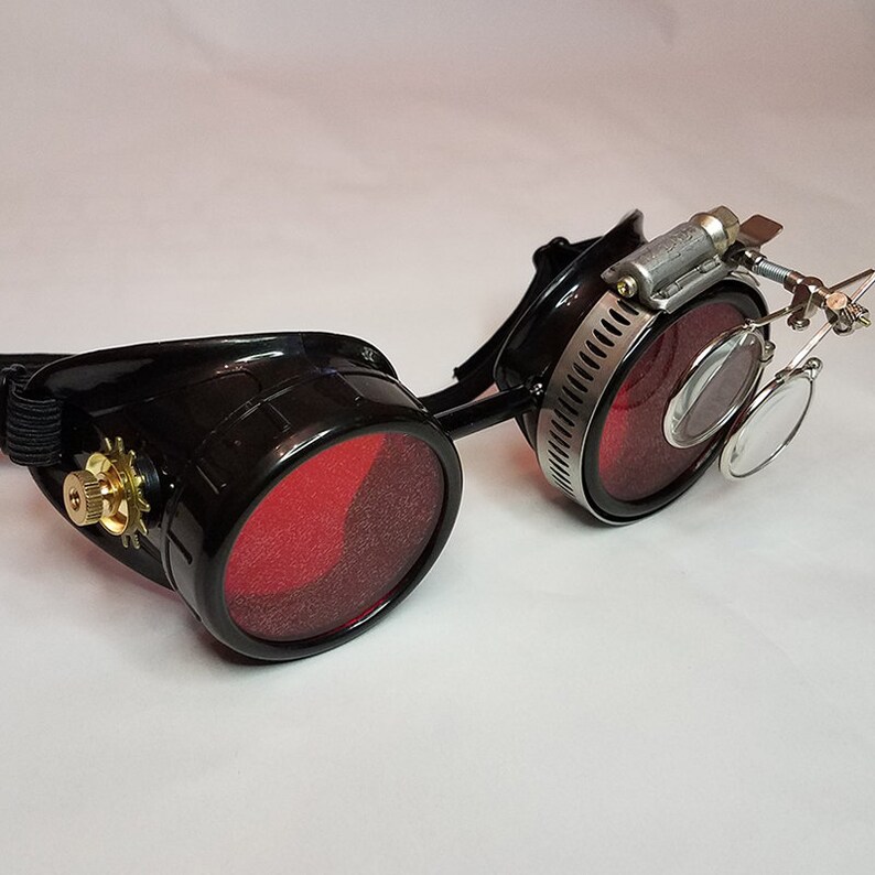 Black Victorian Steampunk Gothic Goggles With Red Lenses Brass Etsy
