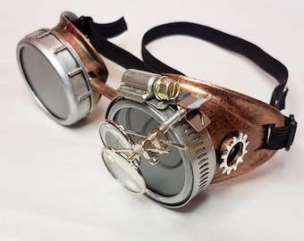Copper and Silver Steampunk Goggles with Silver Gears and Magnifying Loupes - Sunglasses, Fallout, Cosplay, Time Traveler, Dystopian