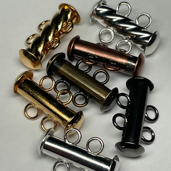 3 2-strand slide clasps, 16mm, black oxide, silver plate, gold plate, antique brass, antique copper, fluted silver plate, fluted gold plate