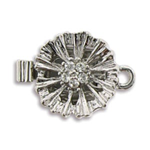 May include: Silver tone flower-shaped clasp with clear rhinestone accents. The clasp is designed to be used for necklaces or bracelets.