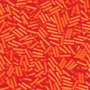 May include: A large quantity of small, bright orange glass beads. The beads are cylindrical in shape and have a smooth, glossy finish.