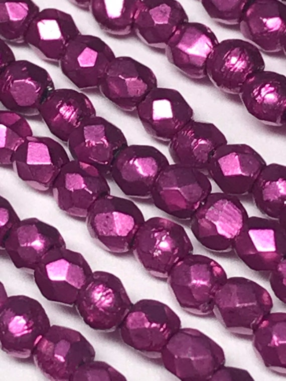 50 2mm Saturated metallic pink yarrow fire polish beads