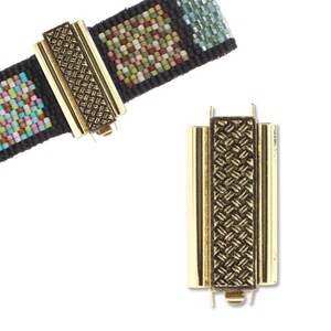 May include: Gold-toned metal clasp with a woven pattern, designed for use with beaded bracelets.