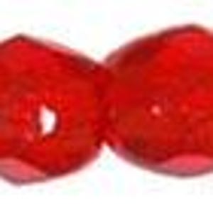 May include: Four faceted, red glass beads. Each bead has a rounded shape with multiple cut surfaces, creating a sparkling effect. The beads are a vibrant, transparent red color, suitable for jewelry making or crafting projects.