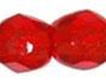 May include: Four faceted, red glass beads. Each bead has a rounded shape with multiple cut surfaces, creating a sparkling effect. The beads are a vibrant, transparent red color, suitable for jewelry making or crafting projects.