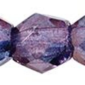 May include: Close-up of a strand of faceted beads. The beads are a mix of purple and blue hues, with a shimmering, iridescent finish. Each bead has multiple facets, creating a sparkling effect. The beads are strung together, ready for jewelry making.